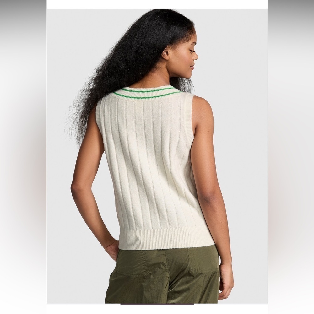 PINK Victoria's Secret collegiate knit sweater Vest S Cream and Green - Picture 4 of 6